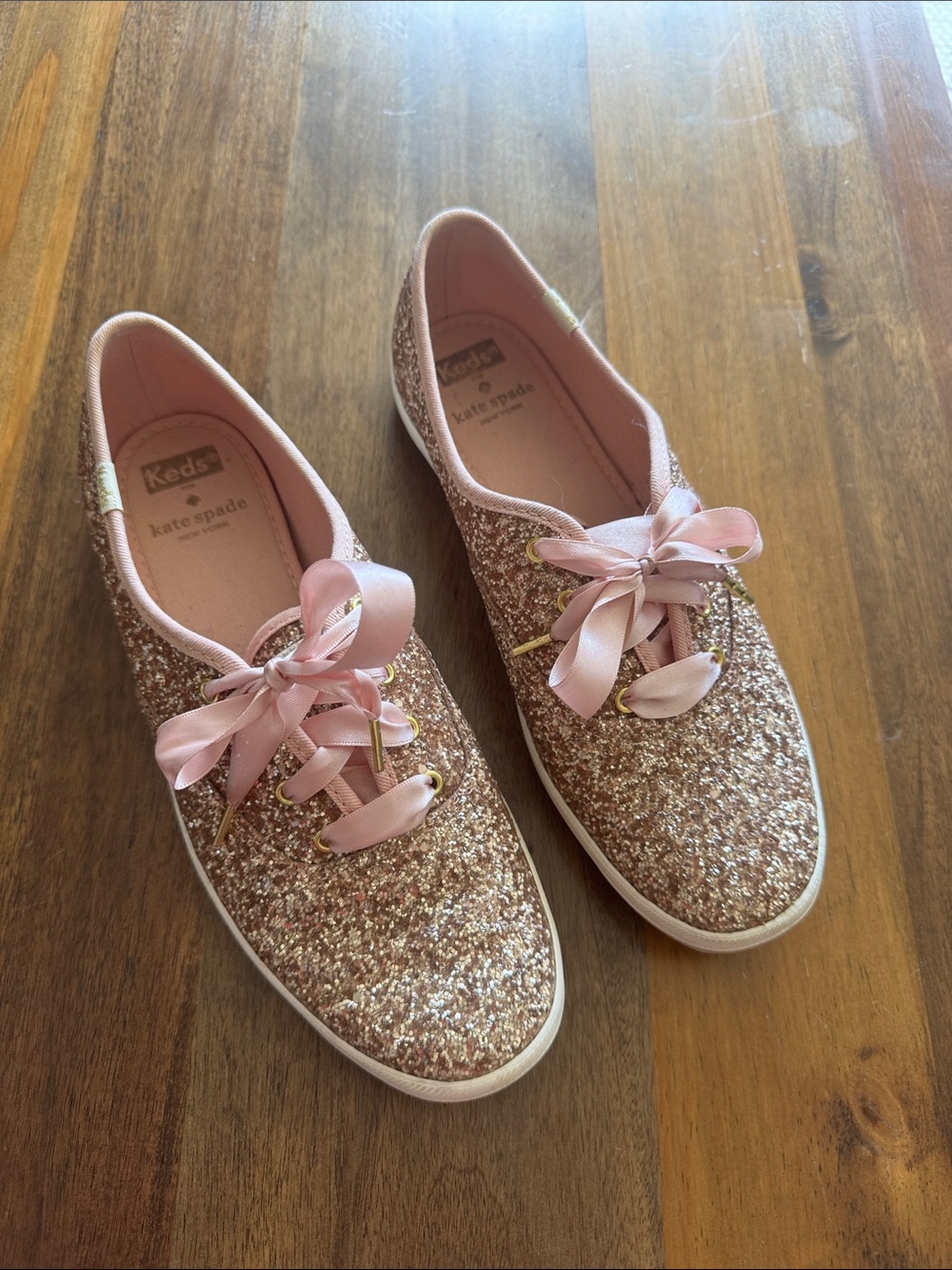 kate spade Rose Gold Glitter Lace-Up Sneakers with Pink Satin Laces